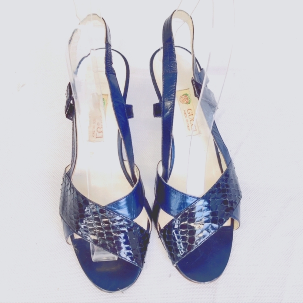 Gucci Blue Snakeskin Slingback Heels Size 37 Vintage 70s–80s Sandals Made Italy - Picture 15 of 15